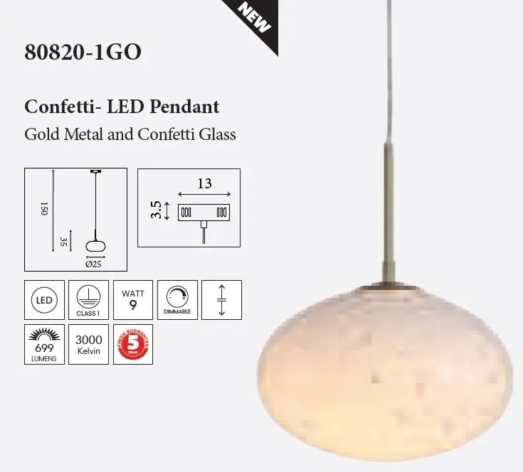 Pendul LED metal auriu sticla decorativa Confetti