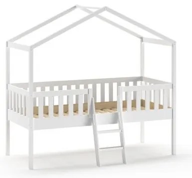 Pat Căsuță Supraetajat cu Scară, Alb, 90 x 200 cm, Pin Scandinavian – Dallas – Vipack