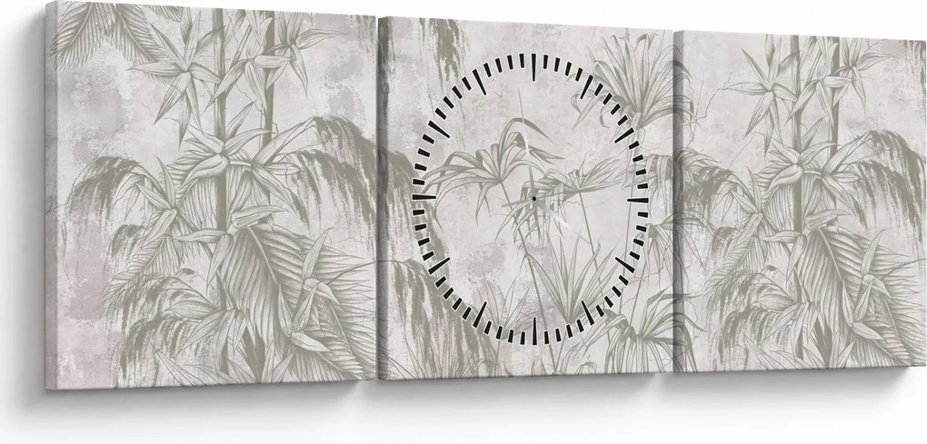 Tablou - Plante tropicale pe perete gri (cu ceas) (90x30 cm)
