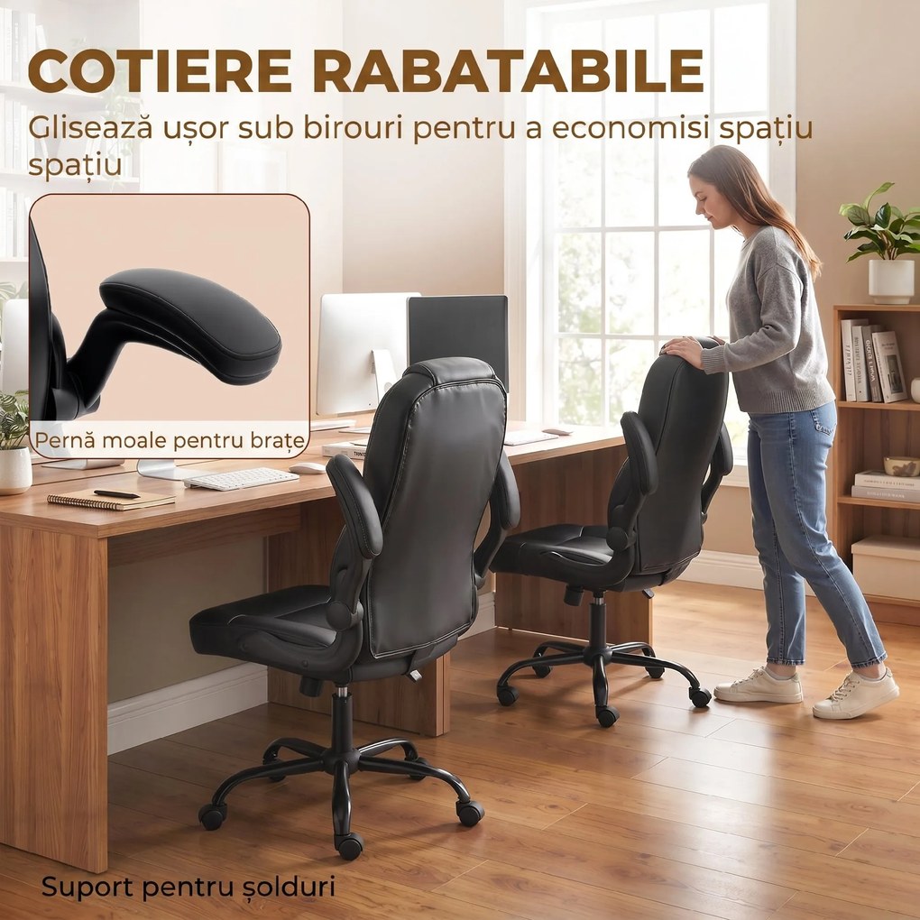 HOMCOM Scaun de Birou Rotativ, Funcție de Balansare, Suporturi Rabatabile pentru Brațe, Spătar Înalt, Înălțime Reglabilă, Negru | Aosom Romania