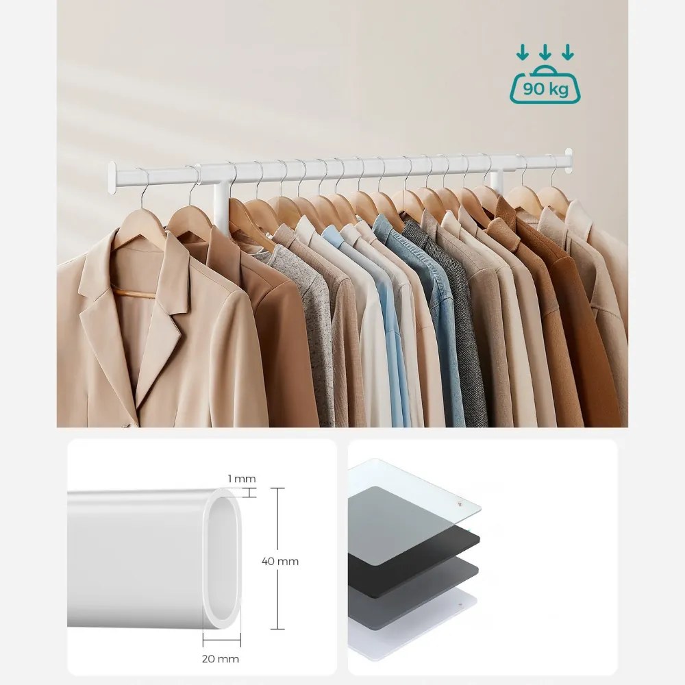 Suport pentru haine INEZ cu roți, max.90kg, 83,5x45x160cm, alb SongmicsHome