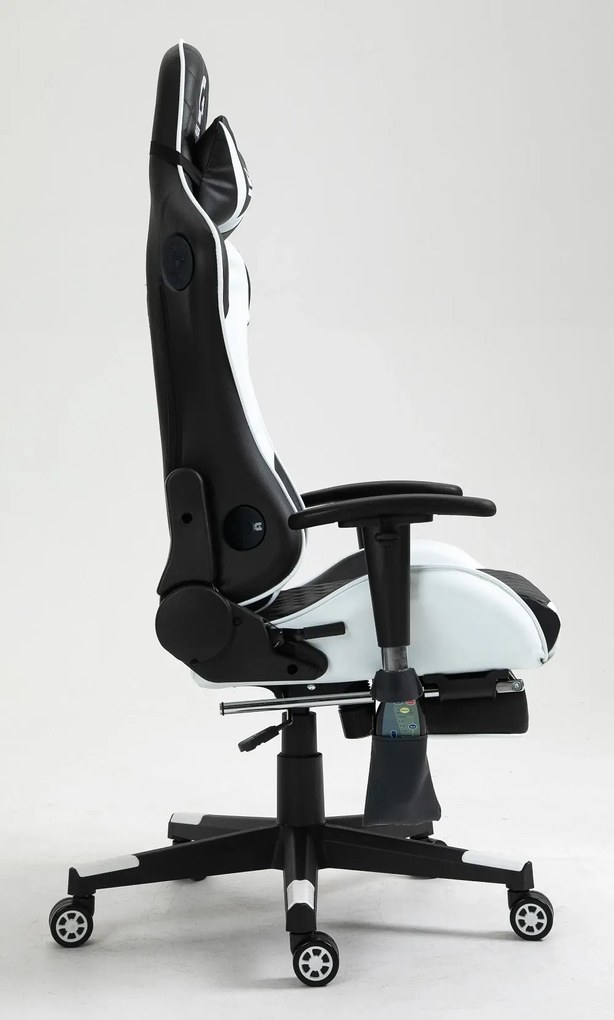RESIGILAT- Scaun gaming, Masaj in 7 puncte, Boxe Bluetooth, funcție șezlong, 90-180 grade, suport picioare, sezut benzi elastice sustinere suplimentara, PU, Negru/Alb