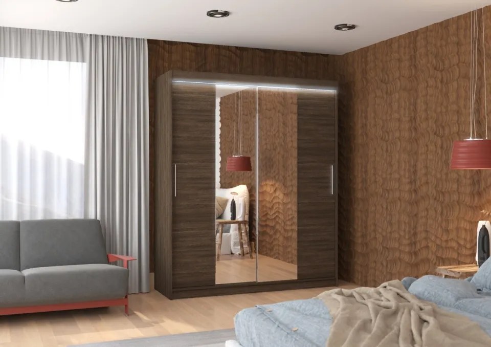 Dulap cu usi glisante si oglinda + iluminare LED, Dallas 180 + LED, 180 cmx200 cmx58 cm, ADRK Furniture (Culoare: Sonoma)