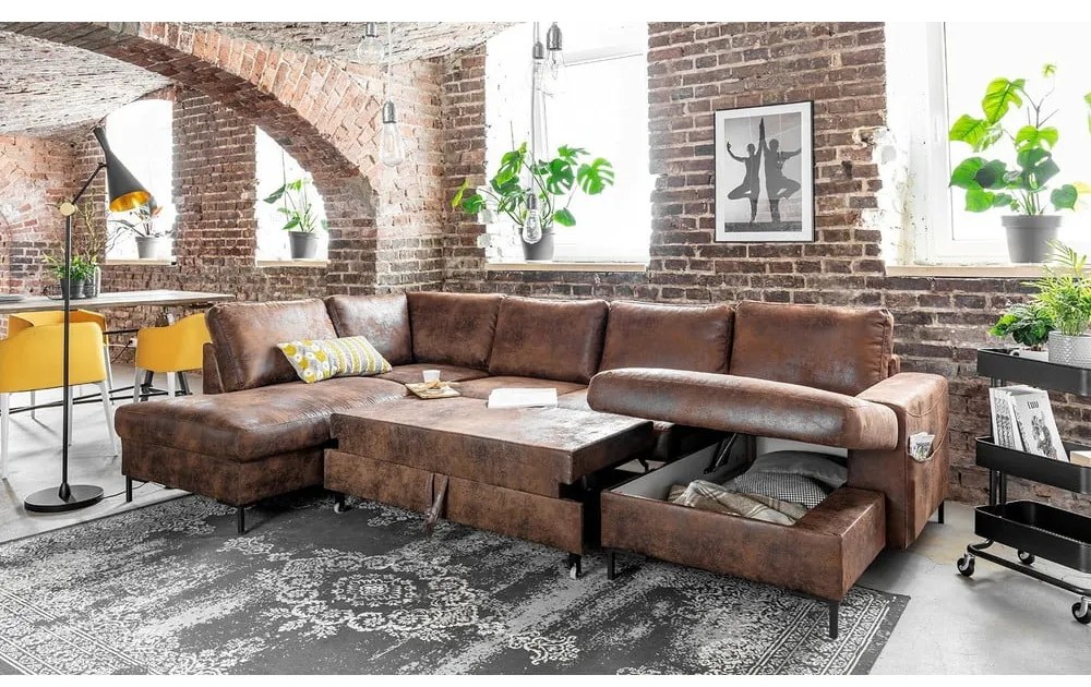 Canapea extensibilă în formă de „U” din imitație de piele cu șezlong pe partea stângă Miuform Lofty Lilly Vintage, maro