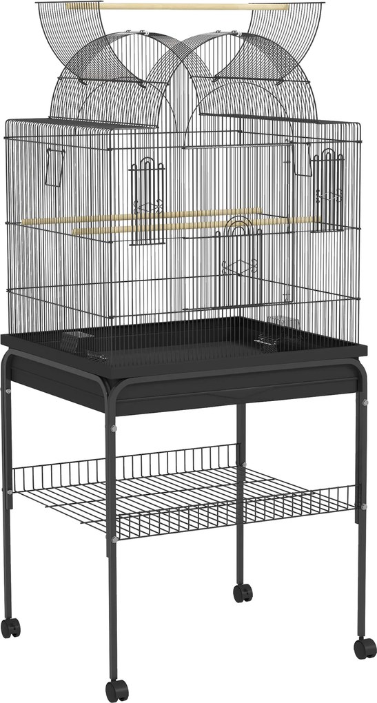 PawHut Cușcă pentru serinari &amp; papagali, mobilă, cu raft, grilaj din metal, negru | Aosom Romania