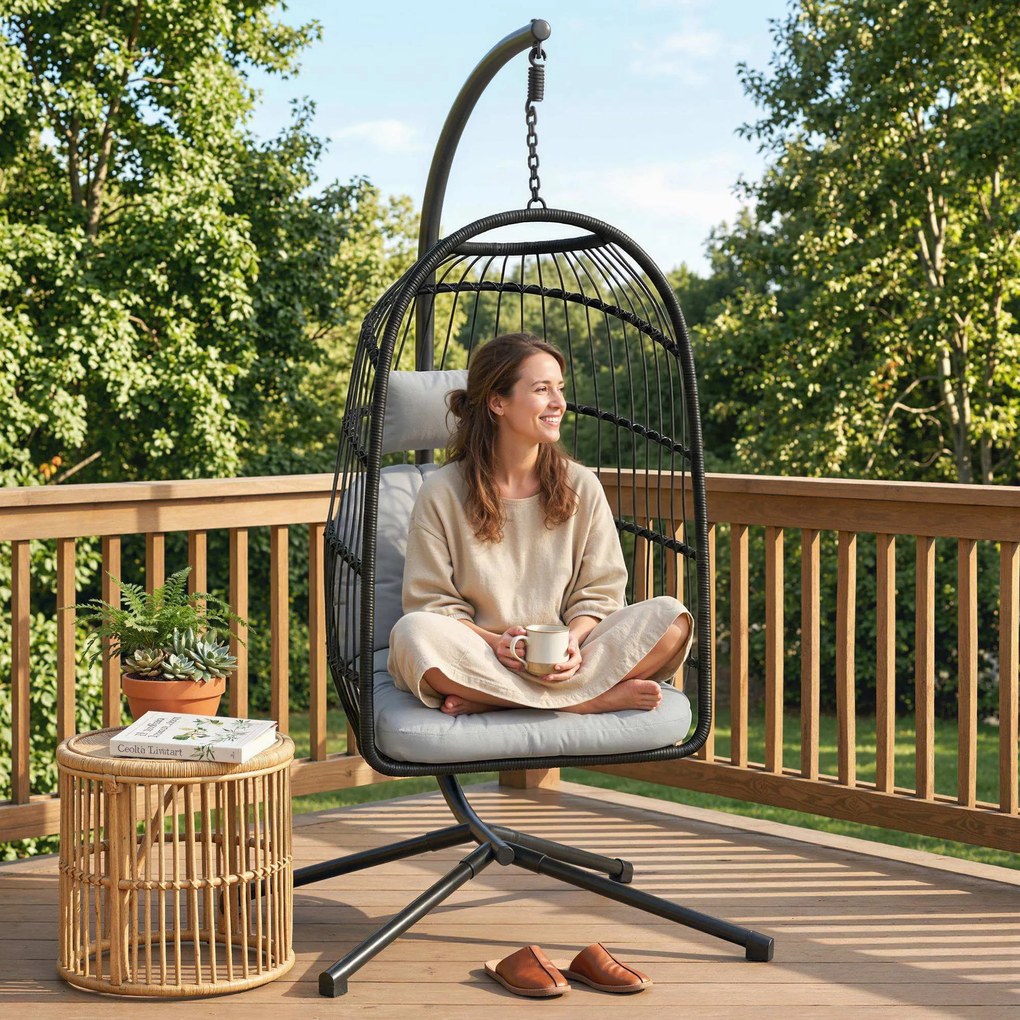 Outsunny Scaun Suspendat Tip Ou, Leagăn pentru Exterior cu Suport și Centură de Siguranță, Negru/Gri Deschis | Aosom Romania