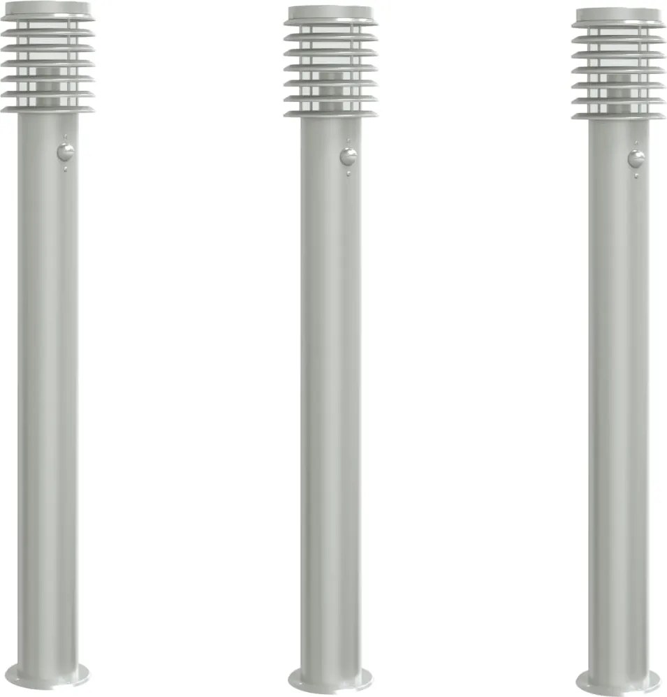 vidaXL Lămpi exterioare de podea senzor 3 buc argintiu 110cm oțel inox