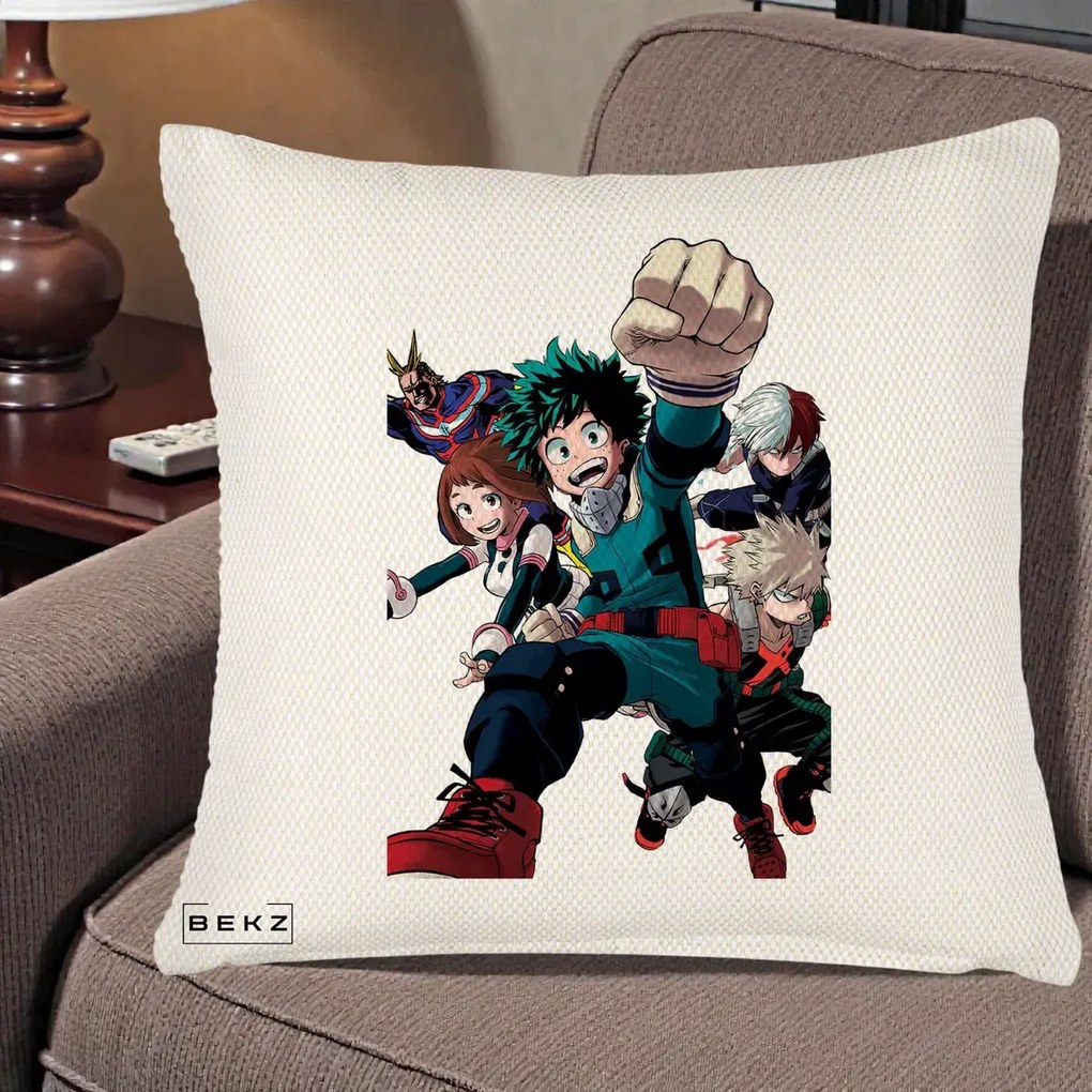 Perna Personalizata My Hero Academia Izuku Deku si Echipa, 40x40 cm, Crem Reliefat, Husa Detasabila, Perna Inclusa, BEKZ®