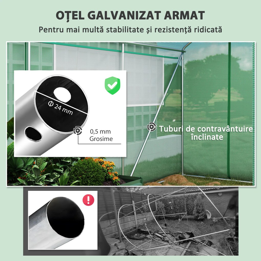 Outsunny Seră Tunel cu 3 Uși Rulante, 6 Ferestre, Țăruși și Frânghii, Seră de Grădină din Oțel Galvanizat, 6x3x2 m, Verde | Aosom Romania