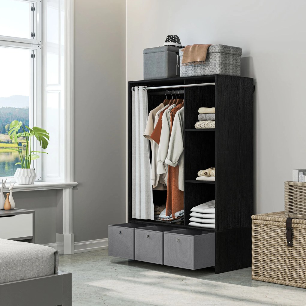HOMCOM Dulap penderie dulap de depozitare cu tringle cortină 3 nișe și 3 sertare din material textil detașabile 105 x 48 x 160 cm | Aosom Romania