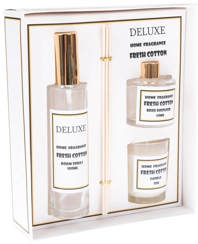 Set de spray parfumat, difuzor și lumânare Bumbac  proaspăt, 18,5 x 22 x 5,7 cm