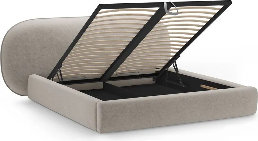 Pat matrimonial bej tapițat cu spațiu de depozitare cu somieră 200x200 cm Ovalo – Micadoni