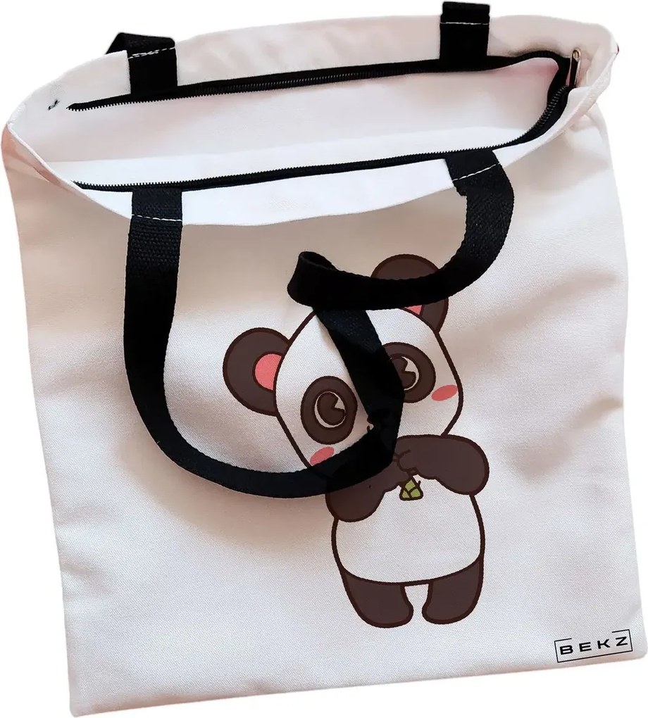Sacosa de Panza pentru Cumparaturi, Geanta Tote, model Panda Love, Cu fermoar, 38x34.5 cm, Alba, BEKZ®