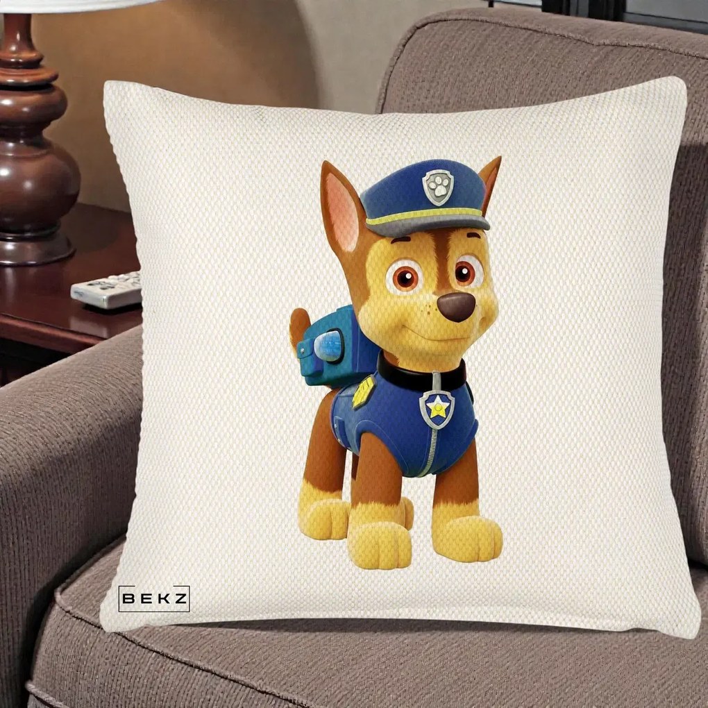 Perna Personalizata Chase PAW Patrol Albastru, 40x40 cm, Crem Reliefat, Husa Detasabila, Perna Inclusa, BEKZ®