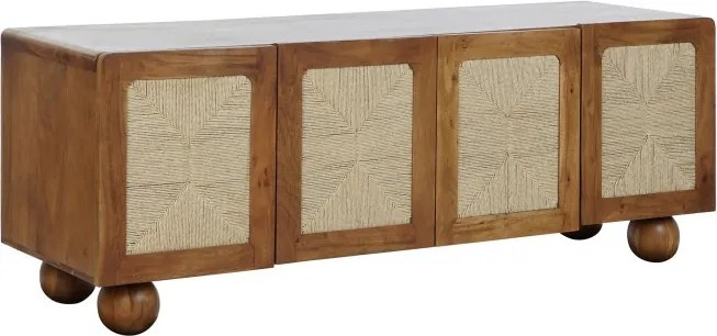 Bufet din lemn de acacia, natur, cu 4 uși cu panouri din ratan împletit și picioare sferice, finisaj natural, 60 x 165 x 45 cm, „Savanah”