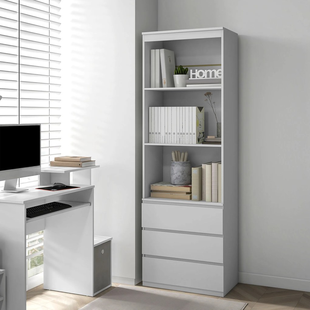 HOMCOM Bibliotecă înaltă de 180 cm cu 3 rafturi și 3 sertare 60 x 35 x 180 cm din lemn alb | Aosom Romania