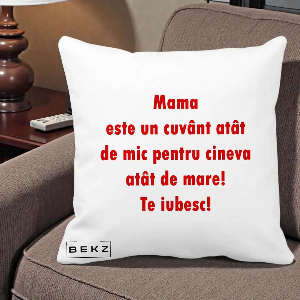 Cadou pentru Mama - Perna Personalizata Mama Cuvant Mic, 40x40 cm, Alba Mata, Husa Detasabila, Perna Inclusa, BEKZ®