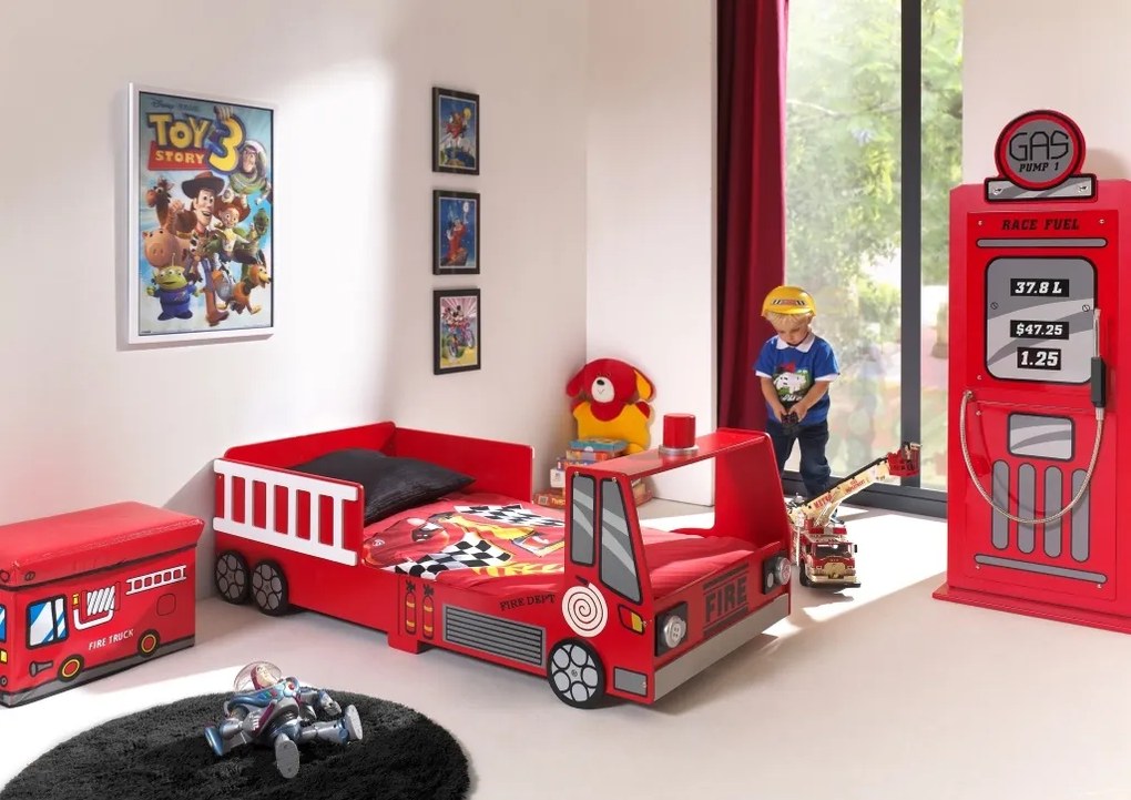 Set Pat Mașină de Pompieri Junior și Saltea pentru Copii, 2 Piese, Roșu (MDF) – Vipack