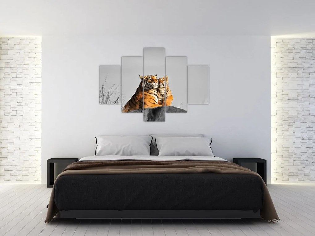 Tablou - Tigroaica cu pui, versiunea alb-negru (150x105 cm)