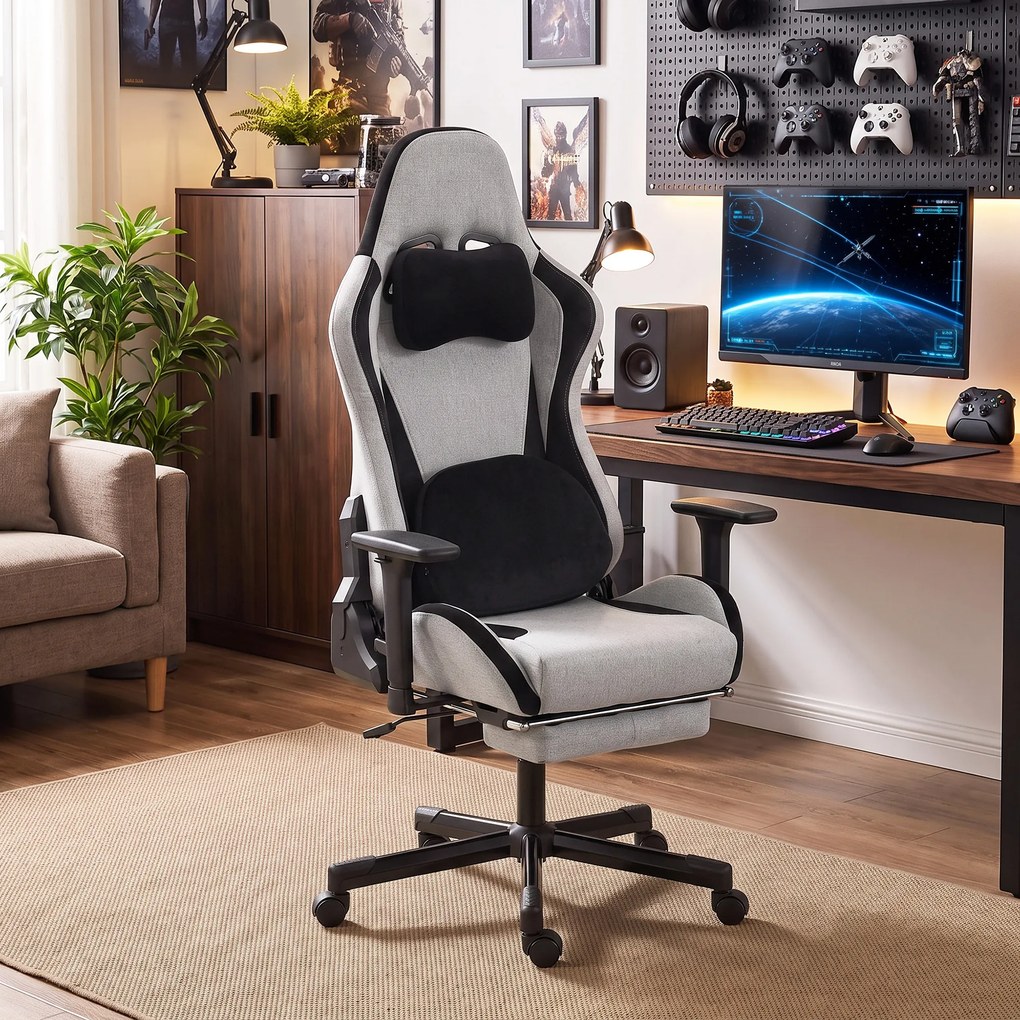 HOMCOM Scaun Gaming Ergonomic cu Masaj încălzit, Suport Picioare, Textil, Gri | Aosom Romania