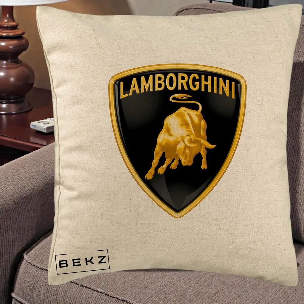 Perna Personalizata cu emblema Lamborghini, 40x40 cm, Bej, Husa Detasabila, Perna Inclusa, BEKZ®