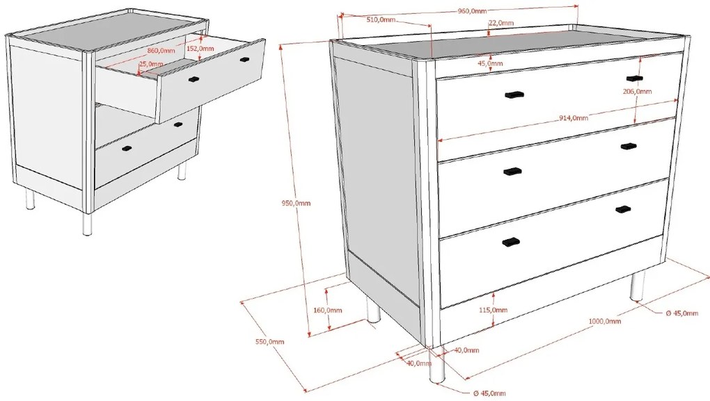 Set FORREST BEECH format dintr-un Pat copii pentru copii mici (70 x 140 cm) și o comodă cu 3 sertare.