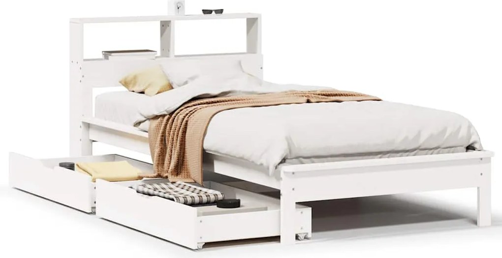 vidaXL Pat cu bibliotecă fără saltea, alb, 100x200 cm, lemn masiv pin