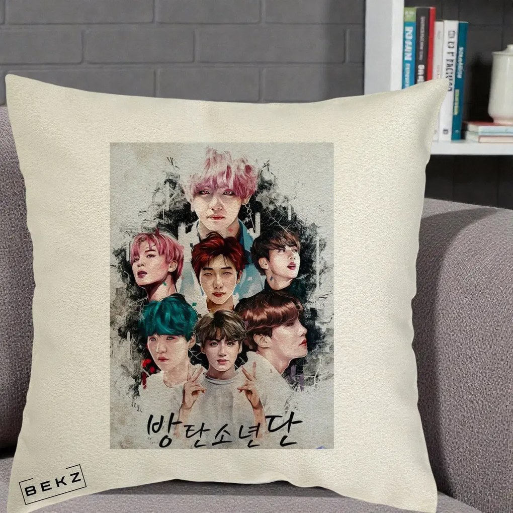 Perna Personalizata K-pop BTS Bangtan Boys Poster Artistic Negru Alb, 40x40 cm, Ecru, Husa Detasabila, Perna Inclusa, BEKZ®