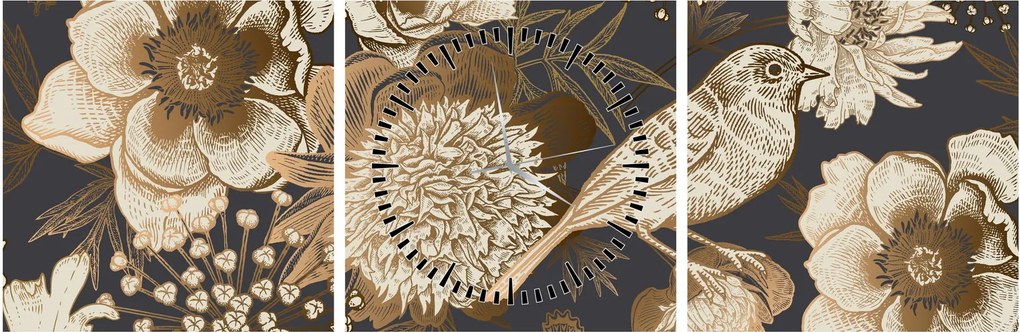 Tablou - Flori aurii pe fundal întunecat (cu ceas) (90x30 cm)