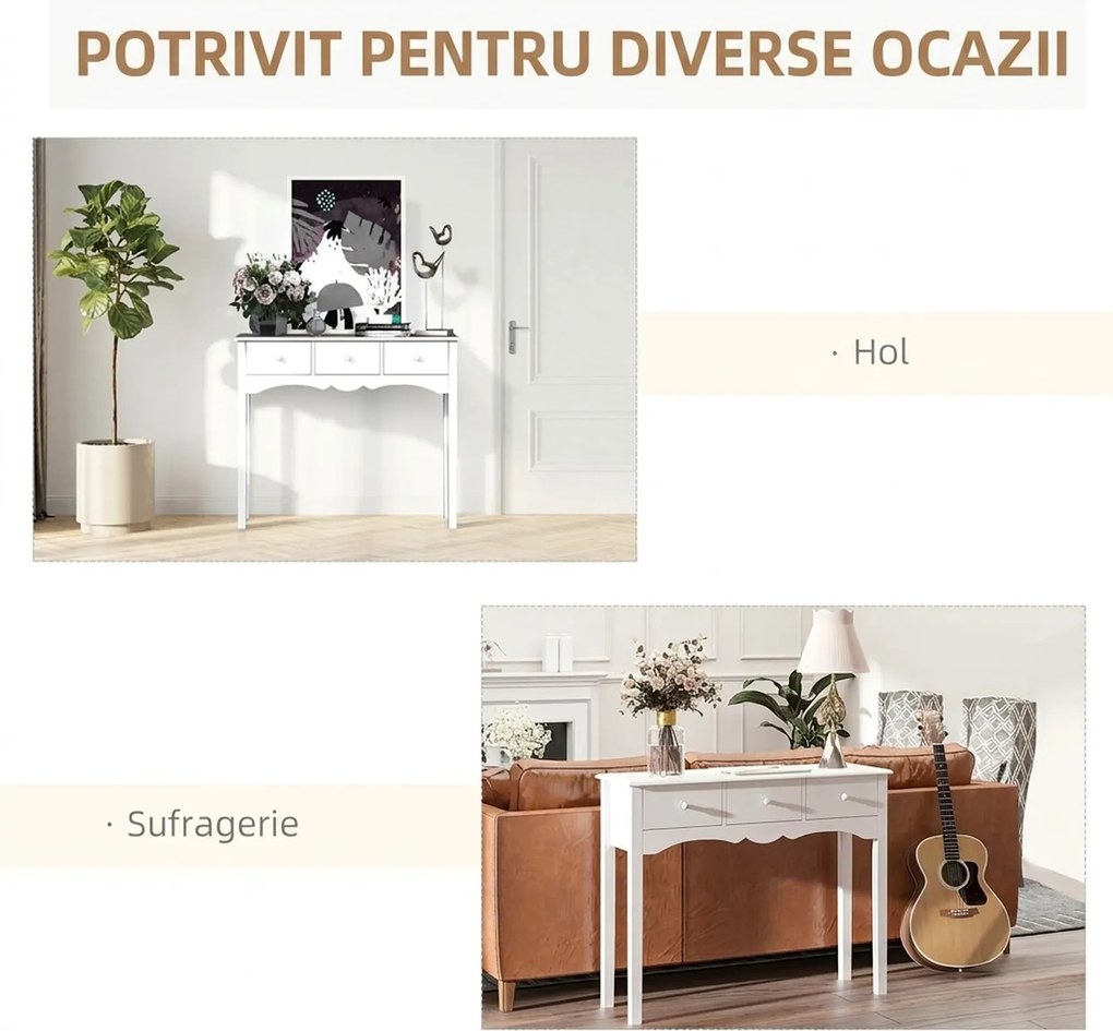 HOMCOM Masă Consolă Modernă cu 3 Sertare, Consolă de Intrare din MDF, pentru Hol, Sufragerie, 100x32x85 cm, Alb | Aosom Romania