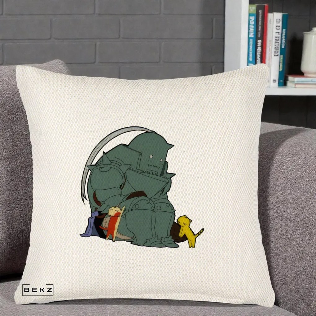 Perna Personalizata Fullmetal Alchemist Alphonse cu Pisici, 40x40 cm, Crem Reliefat, Husa Detasabila, Perna Inclusa, BEKZ®