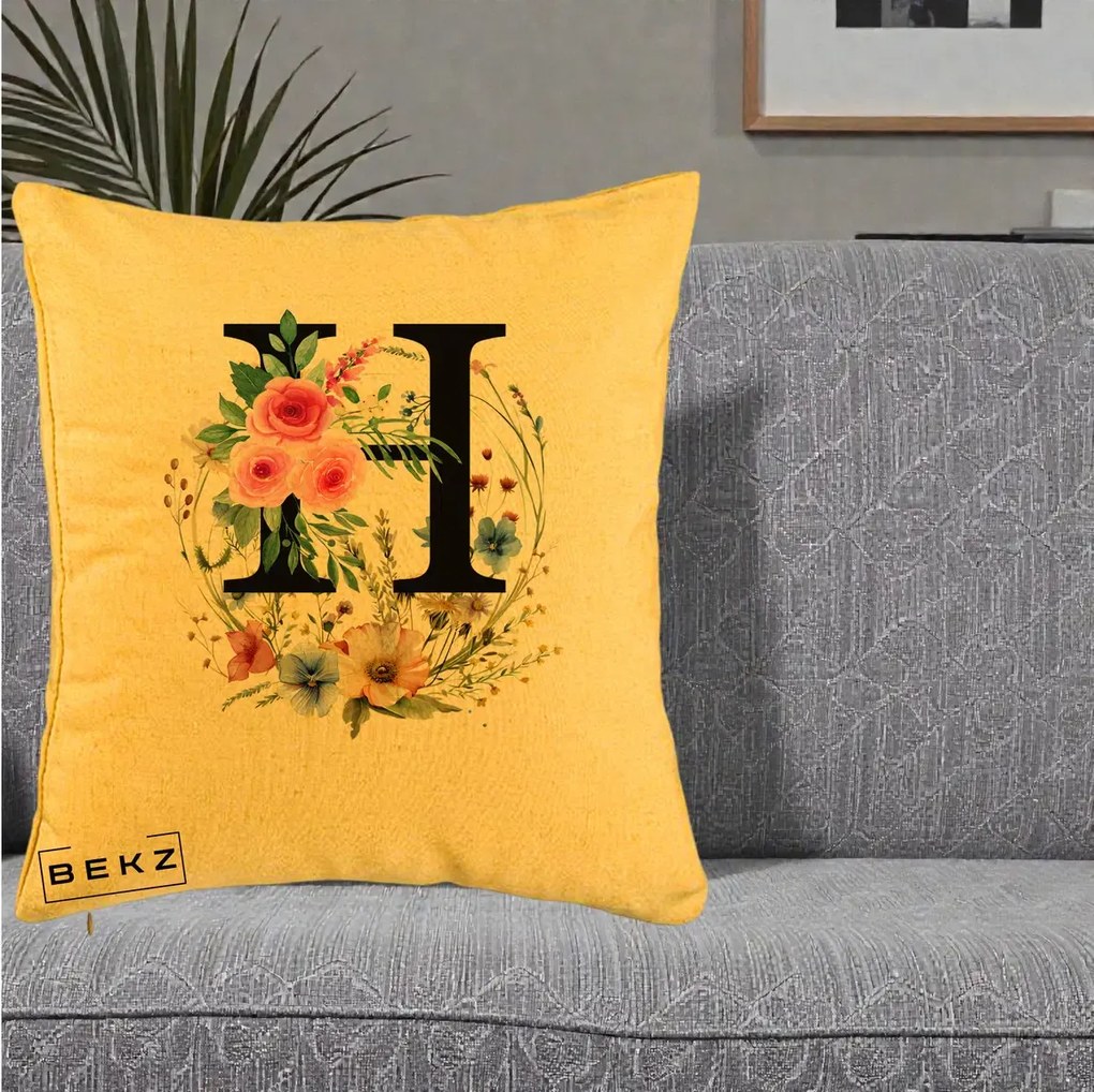 Cadou Personalizat - Perna Personalizata Monogram Litera H cu Flori Acuarela, 40x40 cm, Galben, Husa Detasabila, Perna Inclusa, BEKZ®