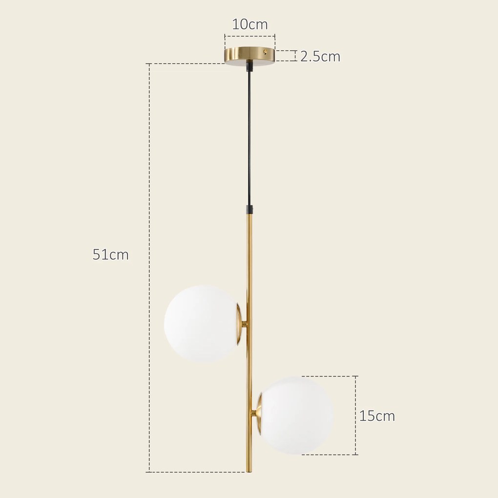 HOMCOM Lampă Suspendată cu 2 Abajururi din Sticlă și Cablu Reglabil, Lampă Modernă din Metal, 32x15x51 cm, Auriu | Aosom Romania