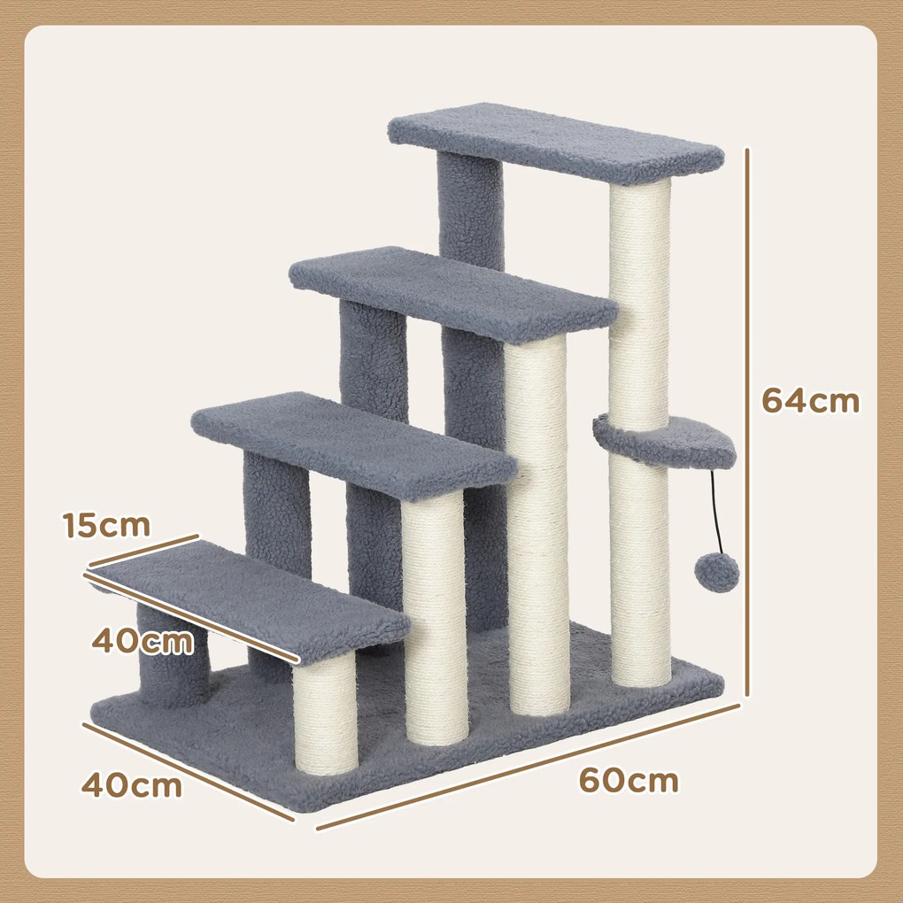 PawHut Scara pentru Pisici de 4 Nivele Acoperit cu Franela Stalp de Zgarci Bola Agatatoare 60x40x64 cm Gri | Aosom Romania