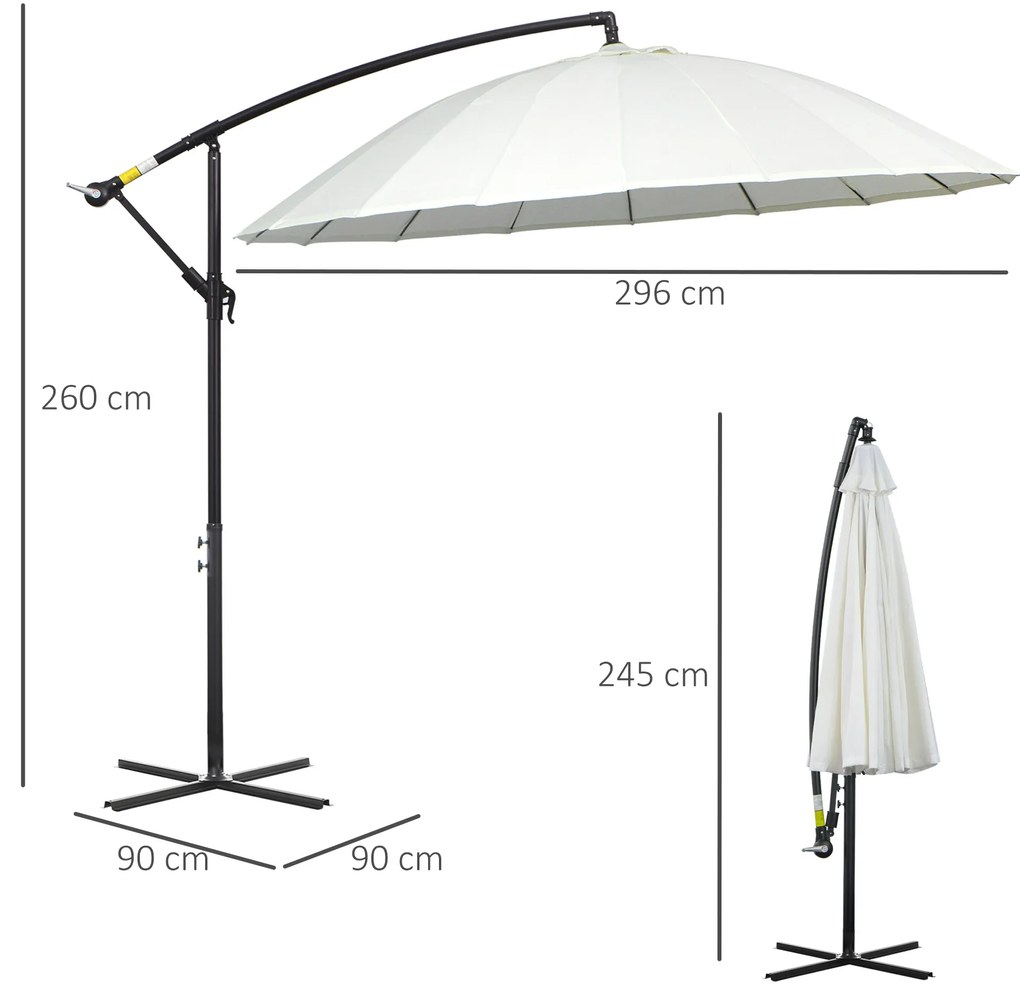 Outsunny Umbrelă Suspendată cu Braț Lateral Φ296cm pentru Patio și Grădină, Deschidere Ușoară, Design Elegant, Alb Crem | Aosom Romania