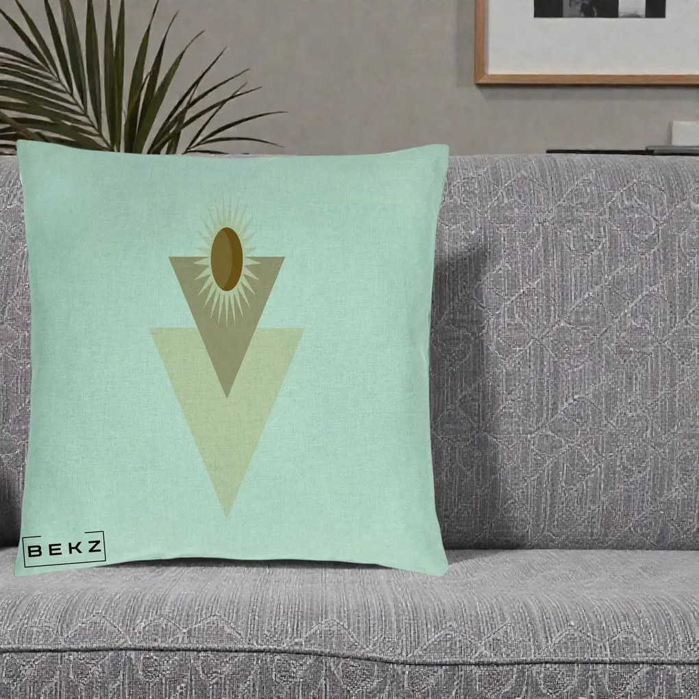 Perna Decorativa Boho Sun cu Triunghiuri Bej si Oval Solar, 40x40 cm, Verde Menta, Husa Detasabila, Perna Inclusa, BEKZ®