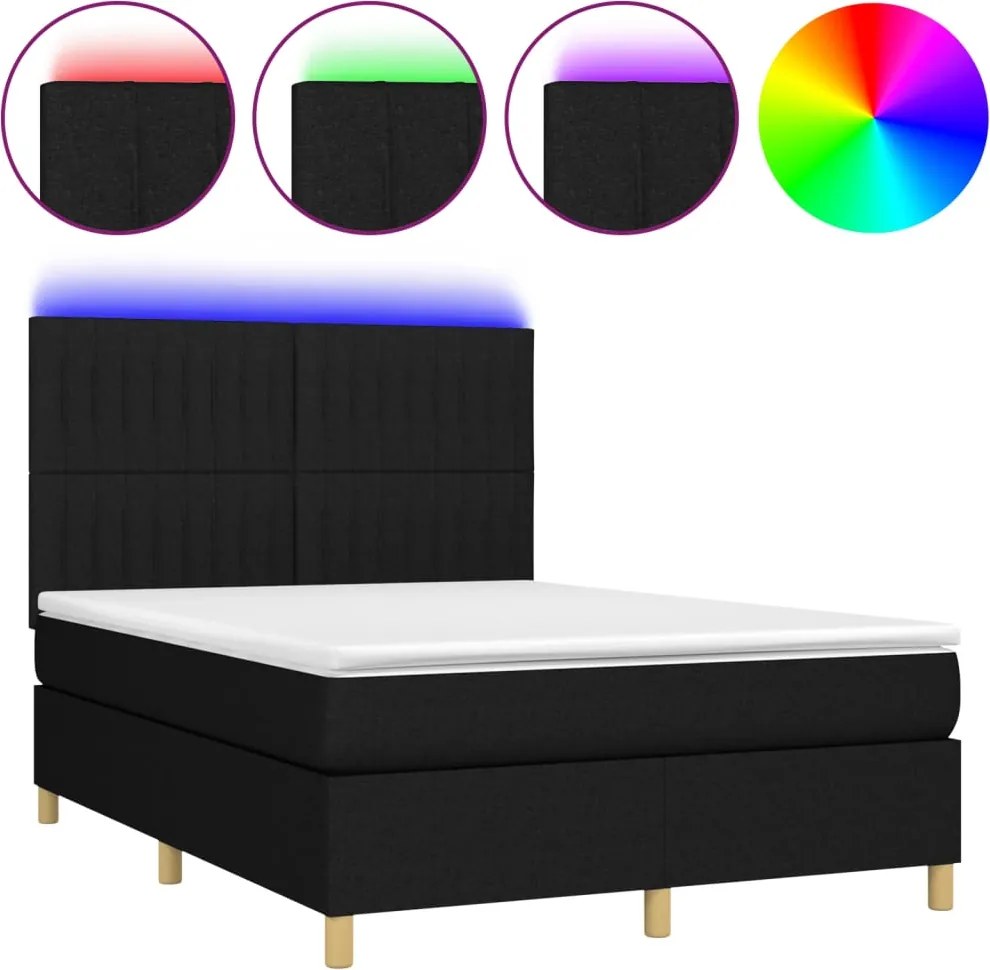 vidaXL Pat cu arcuri, saltea și LED, negru, 140x190 cm, textil