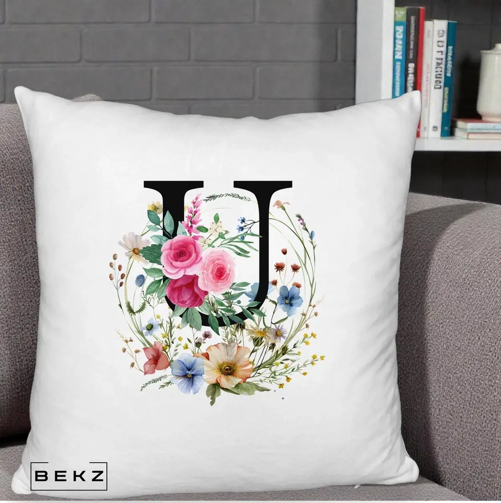 Cadou Personalizat - Perna Personalizata Monogram Litera U cu Flori Acuarela, 40x40 cm, Alb Pufos, Husa Detasabila, Perna Inclusa, BEKZ®