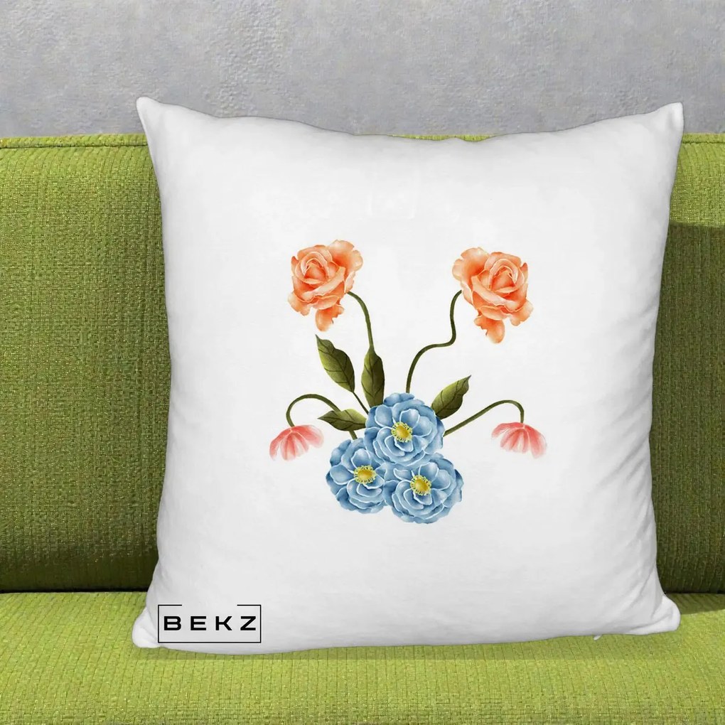 Perna Decorativa Trandafiri si Bujori Acuarela, 40x40 cm, Alb Pufos, Husa Detasabila, Perna Inclusa, BEKZ®
