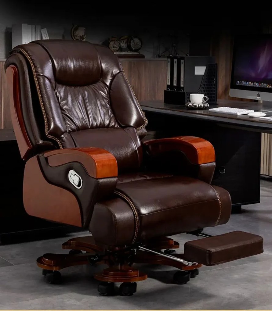 Regal Elite – Scaun directorial din Piele Naturală si Lemn Masiv, Sezut cu Arcuri, Înclinare 135°, Suport Picioare Extensibil, Maro