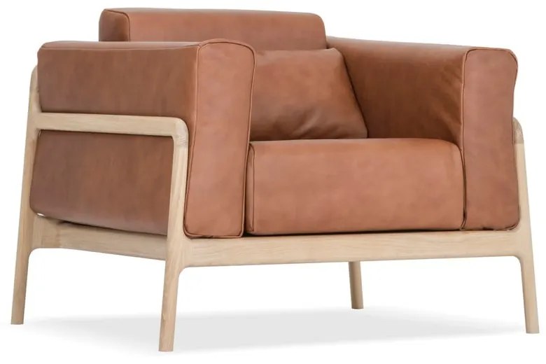 Fotoliu din piele bovină cu structură din lemn masiv de stejar Gazzda Fawn, maro cognac