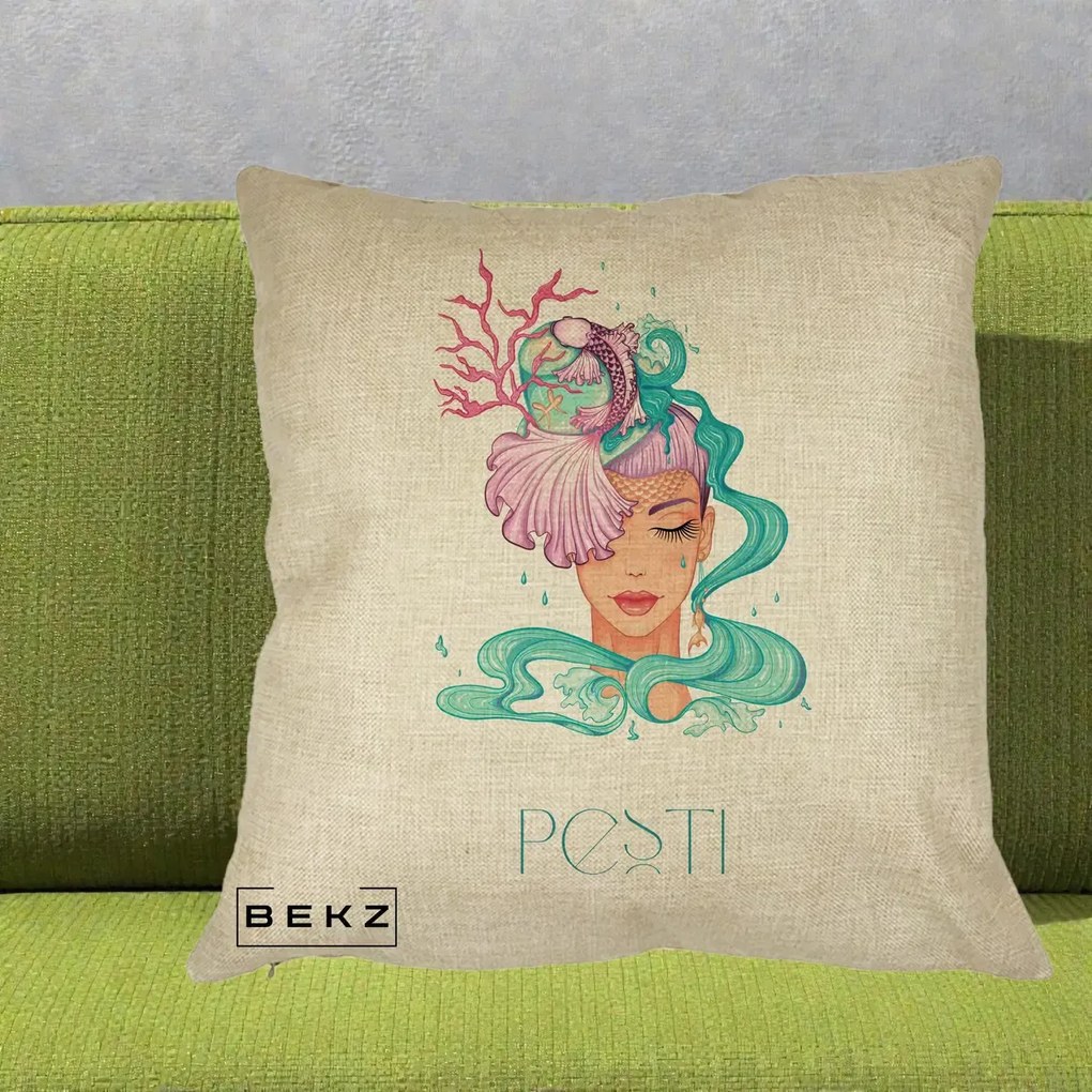 Perna Personalizata Zodiac Pesti Cowgirl, 40x40 cm, Crem, Husa Detasabila, Perna Inclusa, BEKZ®