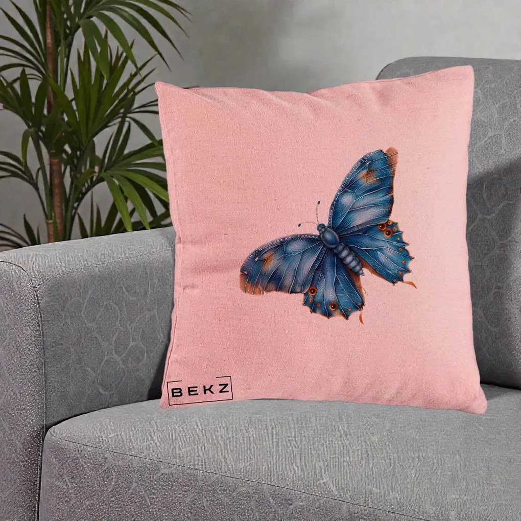 Perna Decorativa Fluture Albastru Satin cu Pete Aurii, 40x40 cm, Roz, Husa Detasabila, Perna Inclusa, BEKZ®