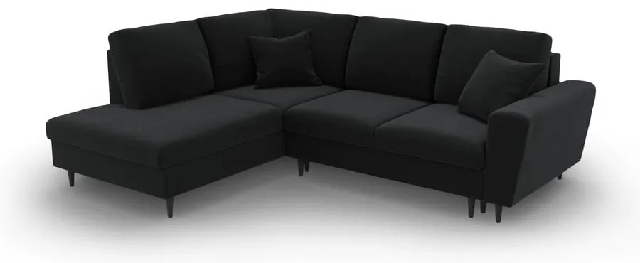 Colțar negru extensibil, cu spațiu de depozitare cu tapițerie din catifea (cu colț pe partea stângă-în formă de ”L”) Kyoto – Cosmopolitan Design