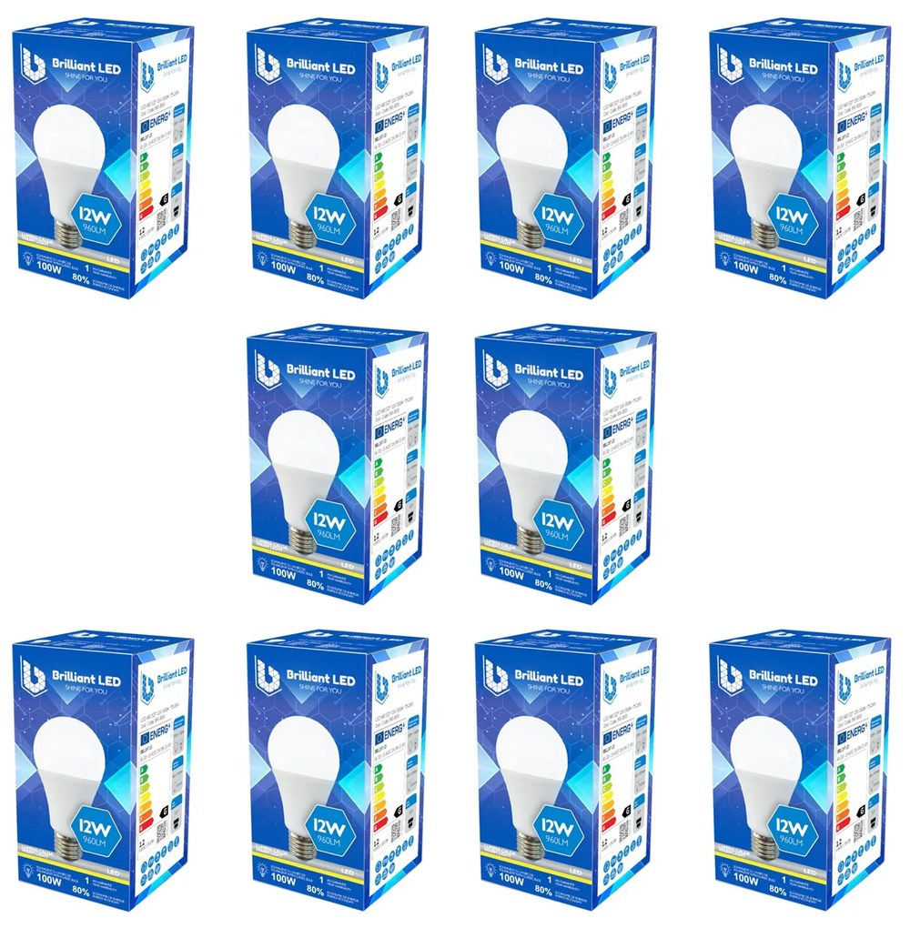 Set 10 Buc - Bec Brilliant LED, 12W (100W), 960lm, lumina calda 3000k, 220V, E27 Lumina calda - 3000K, 10 buc