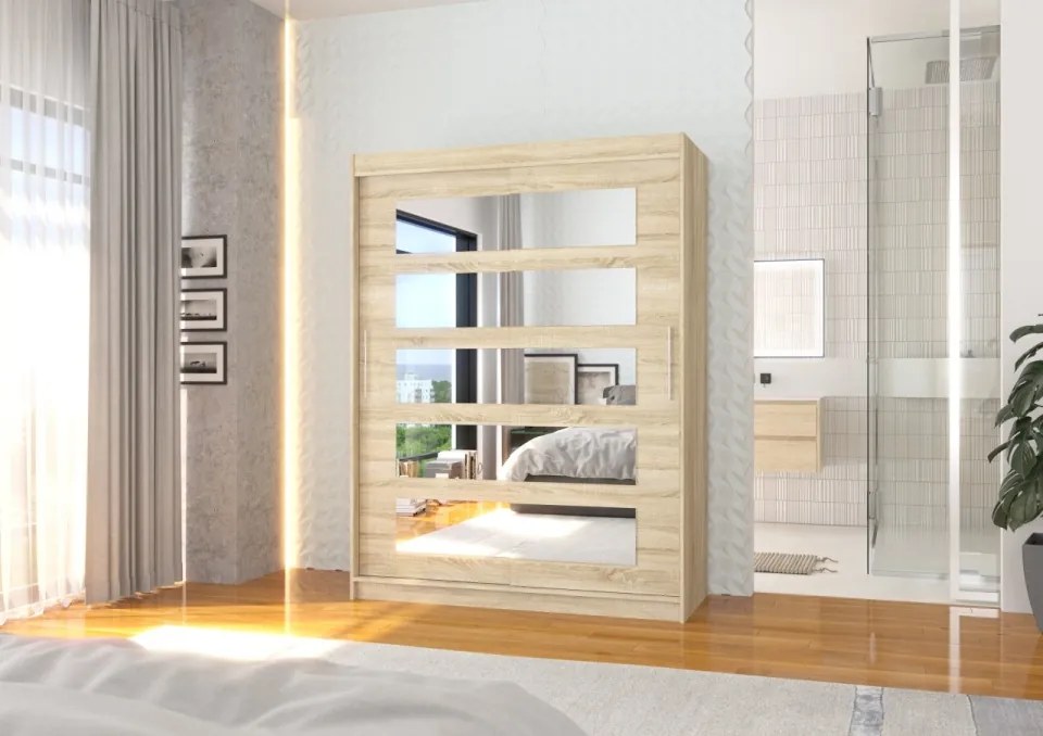 Dulap cu usi glisante si oglinda 150x200 cm, Modi, ADRK Furniture (Culoare: Alb)