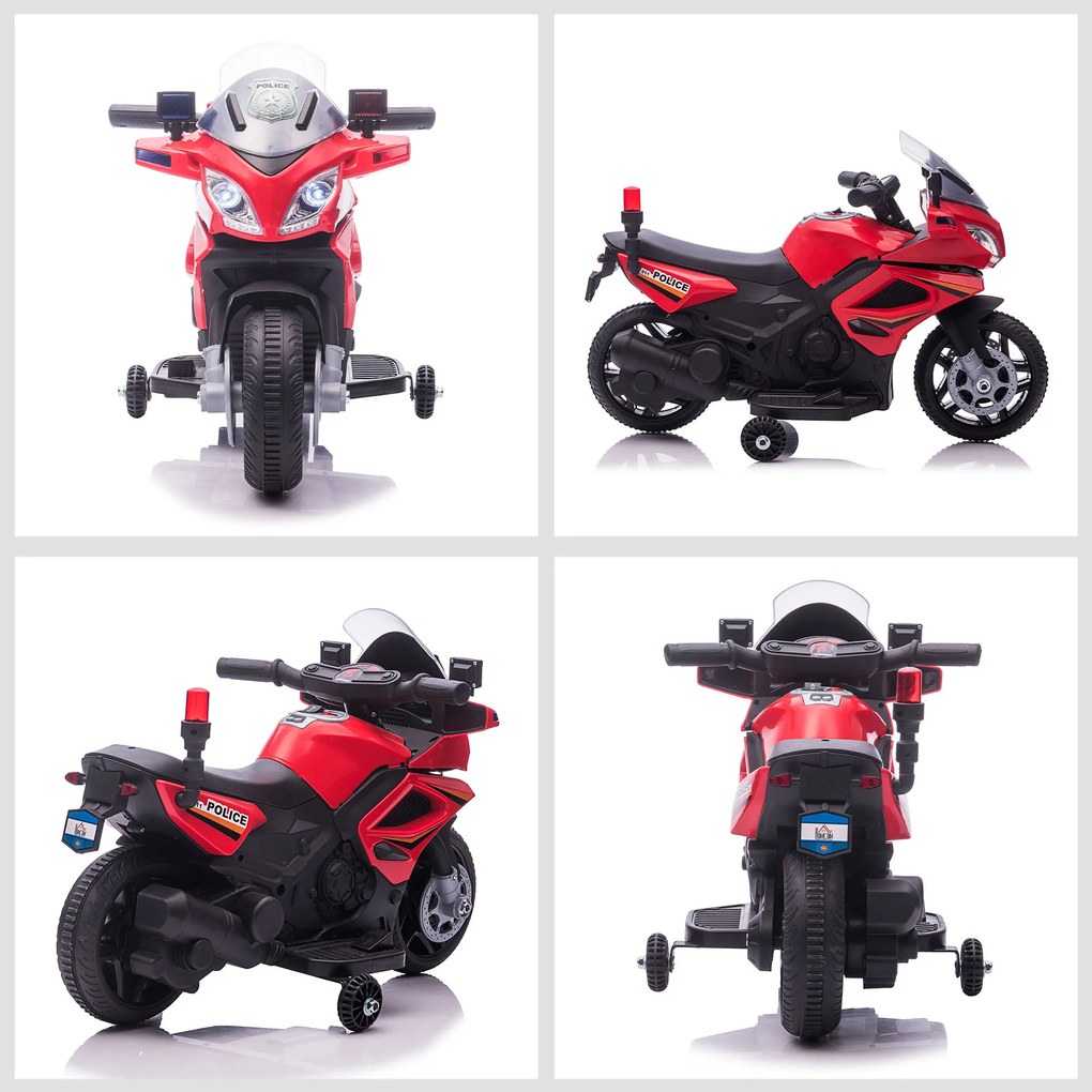 HOMCOM Motocicleta electrica pentru copii, cu sirena de politie si faruri, Viteza 3km/h si Baterie 6V Reincarcabila, 69x39x43cm, Rosu