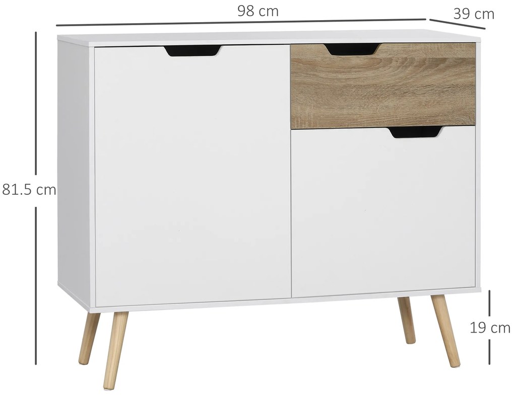 HOMCOM Bufet Mobilier de depozitare pe picior de tip scandinav cu dulapuri pentru Baie, sufragerie, Bucătărie, Picioare din lemn masiv de pin - Alb - dim. 98L x 39l x 81.5H cm | Aosom Romania