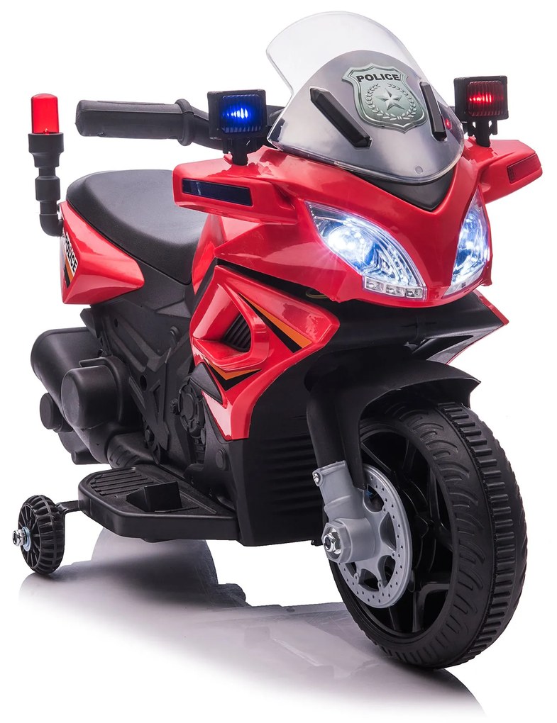 HOMCOM Motocicleta electrica pentru copii, cu sirena de politie si faruri, Viteza 3km/h si Baterie 6V Reincarcabila, 69x39x43cm, Rosu