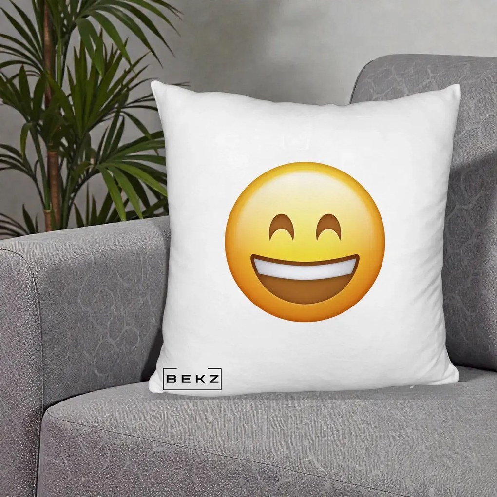 Perna Decorativa Emoji Zambet Mare, 40x40 cm, Alb Pufos, Husa Detasabila, Perna Inclusa, BEKZ®